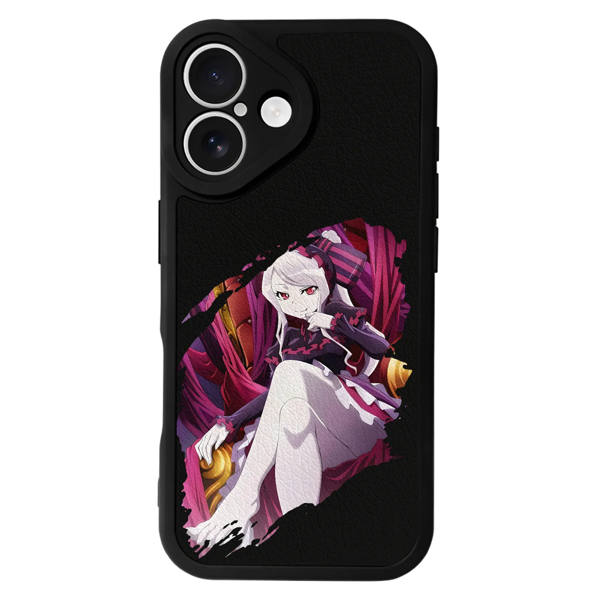 オーバーロード グッズ シャルティア・ブラッドフォールン - IPhone 16シリーズ対応 ・ シリコンスマホケース ・ レザー調 ・ 高精度フィット ・ 耐衝撃 ・ ワイヤレス充電対応 ・ 精密カット